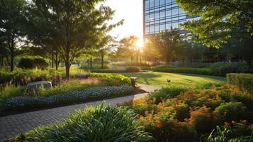 The setting sun casts shadows across the peaceful corporate gardens highlighting the pops of colorful flowers and plants that dot the landscape photo