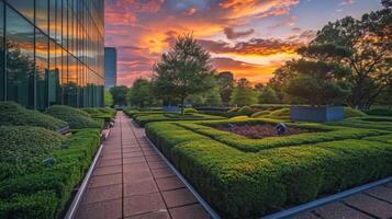 Against the backdrop of a colorful sunset the manicured hedges and shrubs of the corporate gardens create a sense of serenity and beauty in the urban office setting photo