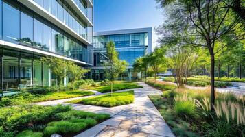 A sight for sore eyes this modern office building is adorned with vibrant greenery and calming outdoor spaces perfect for unwinding after a long day photo