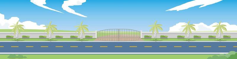 Horizontal view of Asphalt road. Background of private area wall with entrance door and dirt path. Under the white clouds and blue sky. vector