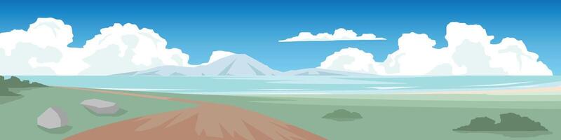 Curvy of dirt path leads to a pristine beach overlooking the ocean. Serene beach scene with rolling hills and fluffy clouds. landscape perfect for a peaceful getaway. Under blue sky and white clouds. vector