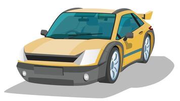 Cartoon style car with a bold and aggressive appearance. It features a bright yellow body. contrasting black accents. and a prominent rear spoiler. Design suggests it is intended for high performance. vector