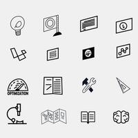 a collection of icons in the field of education and science consisting of several icons such as paper, books, documents with icons, paragraphs in them, brains, microscopes, rulers, and others. vector