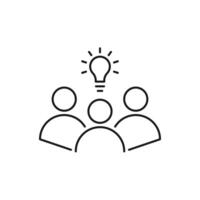 thin line insight icon with group of people and black bulb. outline flat trend modern logo graphic stroke art design isolated on white. concept of scholars or scientists and students or genius vector