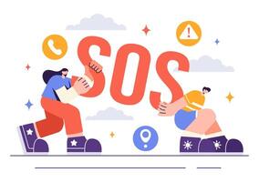 Emergency Call for Help Illustration Featuring People Needing Assistance in Various Situations like Drowning or Stranded vector