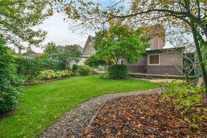 A garden with trees and bushes in the foreground photo