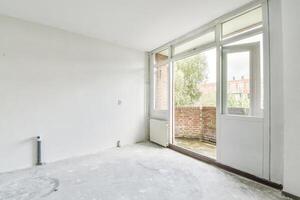 An empty room with a large window and a door photo