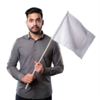 Confident man holding white flag on transparent background, posing with a neutral expression, conceptual image png