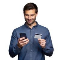 Man holding smartphone and credit card, shopping online with confident smile on transparent background png