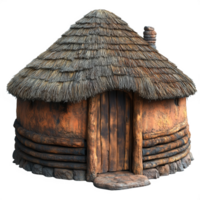 Round Wooden Hut with a Thatch Roof and Stone Base, Transparent Background png