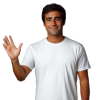 Smiling man waving with one hand, friendly expression on transparent background png
