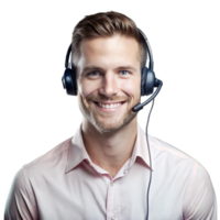 Friendly customer service representative wearing headset, smiling while posing on transparent background png