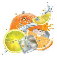 Fresh orange and lemon with ice cubes and splashes of water and juice vector