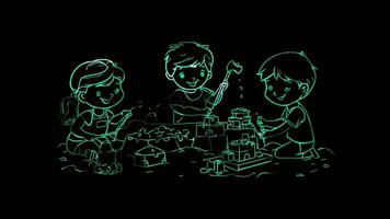 Neon frame effect, Children building sandcastles and playing with toys in a sandbox on black background video