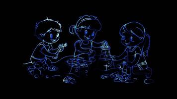 Neon frame effect, Children building sandcastles and playing with toys in a sandbox on black background video