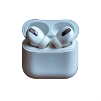 Pair of wireless earbuds in compact charging case on transparent background png