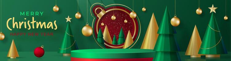 3d Podium round stage style, for Merry Christmas and happy new year on green color background vector