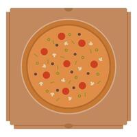 Closed Pizza Box Design . Delicious Pizza with Toppings. Pizza Brown Color Box. vector