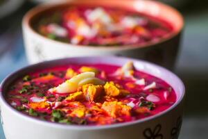 Cold beetroot soup with boiled eggs and greenery photo