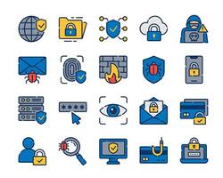 Cyber security icon set in outline color style vector