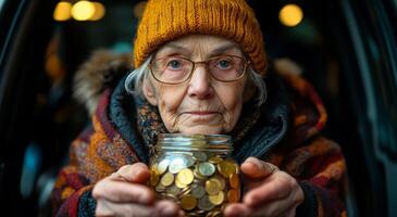 A woman wearing a yellow hat and glasses is holding a jar full of coins. She is giving the jar to someone, possibly a homeless person. Concept of generosity and kindness photo