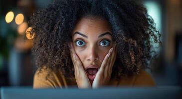 A woman with big eyes and a surprised expression is looking at a laptop. Concept of curiosity and wonder, as if the woman has just discovered something unexpected or exciting photo