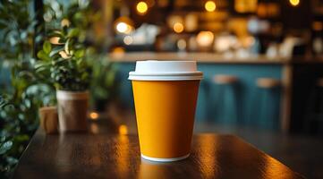 A coffee cup sits on a table in a cafe. The cup is orange and has a white lid. The scene is set in a dimly lit cafe with a potted plant in the background. The atmosphere is cozy and inviting photo