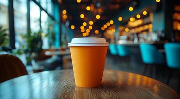 A cup of coffee sits on a table in a cafe. The table is surrounded by chairs and there are potted plants in the background. The scene is cozy and inviting, with the warm glow of the lights photo
