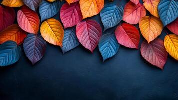 A colorful leafy border with a blue background. The leaves are of different colors and sizes. The border is made of leaves and it looks like a natural border photo