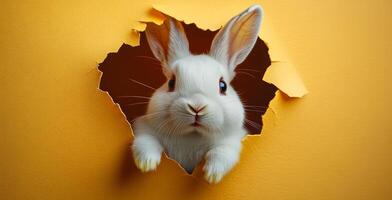 A white rabbit is peeking out of a hole in a yellow background. The rabbit is curious and playful, as it looks up at the camera. The scene is whimsical and lighthearted photo