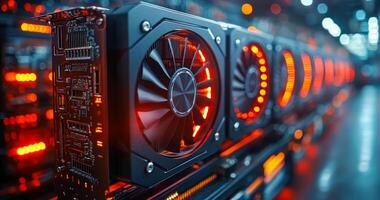A row of computer fans are lit up in red. The fans are black and are placed on a black surface photo