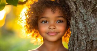 A young girl with curly hair is standing in front of a tree. She is smiling and looking at the camera photo