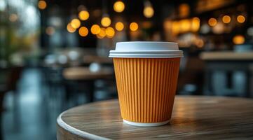 A coffee cup sits on a table in a cafe. The cup is made of paper and has a white lid. The scene is set in a busy cafe with multiple tables and chairs. The atmosphere is casual and relaxed photo