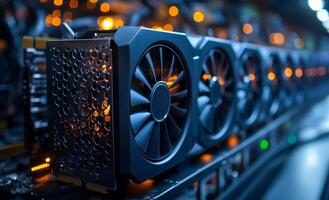 A row of computer fans are lit up in a dark room. The fans are black and have a metallic appearance photo