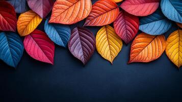 A colorful leafy border with a blue background. The leaves are of different colors and sizes. The border is made up of leaves and it looks like a natural border photo