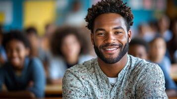 A man with a beard and a smile is sitting in a classroom with other people. He is the center of attention and he is happy photo