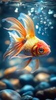A gold and white fish is swimming in a tank with rocks and bubbles. The fish is the main focus of the image, and the rocks and bubbles add a sense of depth and interest to the scene photo