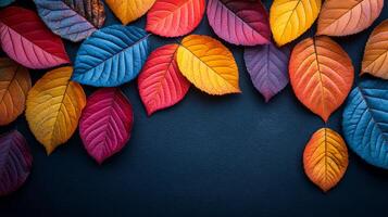 A colorful leafy border on a blue background. The leaves are of different colors and sizes. The border is made up of many leaves, creating a vibrant and lively atmosphere photo