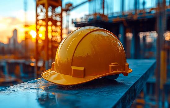 A yellow hard hat is on a ledge in front of a building. The sun is setting in the background, creating a warm and peaceful atmosphere photo