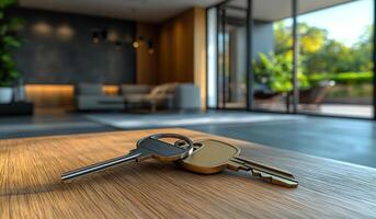 Two keys are on a wooden table in a living room. The room has a modern design with a couch, a chair, and a potted plant. The keys are shiny and golden, and they are placed next to each other photo