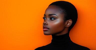 A woman with a short haircut and a black sweater stands in front of an orange wall. She has a serious expression on her face photo