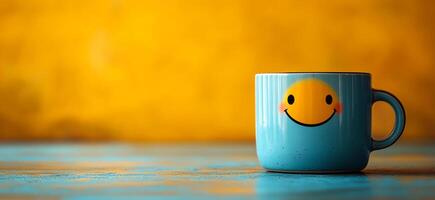 A smiling cup on a table with a yellow background. The cup is blue and has a smiley face on it photo