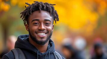 A man with dreadlocks is smiling and wearing a black hoodie. He is surrounded by people, some of whom are wearing backpacks photo