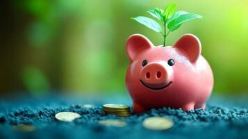 A piggy bank with a plant growing out of it. The piggy bank is red and has a smiley face on it photo