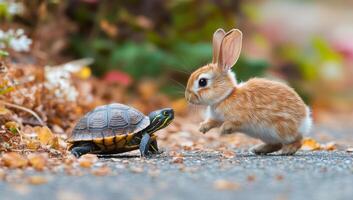 A turtle and a rabbit are standing next to each other on a sidewalk. The scene is peaceful and calm, with the two animals coexisting in harmony photo