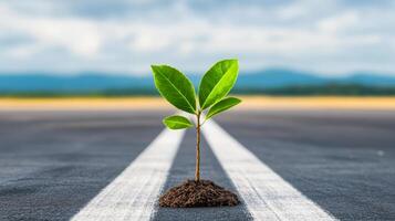 A small green plant is growing in the middle of a road. The road is empty and the sky is cloudy. Concept of hope and growth, as the plant is a symbol of life and new beginnings photo