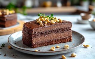A slice of chocolate cake with nuts on top. The cake is on a white plate and is cut into a triangle photo