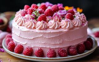 A pink cake with strawberries and raspberries on top. The cake is decorated with pink frosting and has a pink and white color scheme photo