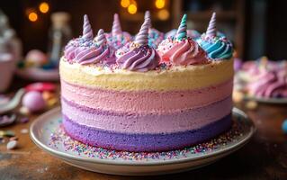 A colorful unicorn cake with sprinkles on top. The cake is on a white plate and is placed on a wooden table photo