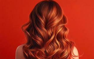 A woman with long red hair is shown on a red background. The hair is styled in a way that it is curled and wavy. Scene is one of elegance and sophistication photo